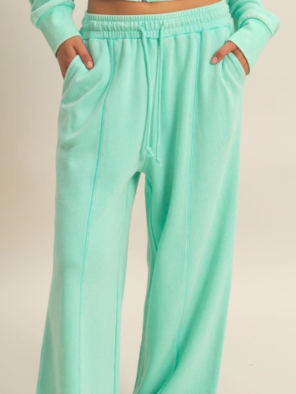 Acid Wash French Terry Wide-Leg Pants - MINT